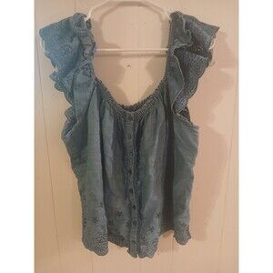 Jessica Simpson Babydoll Smock Top Womens Size Large  Blue Floral Cottage Boho